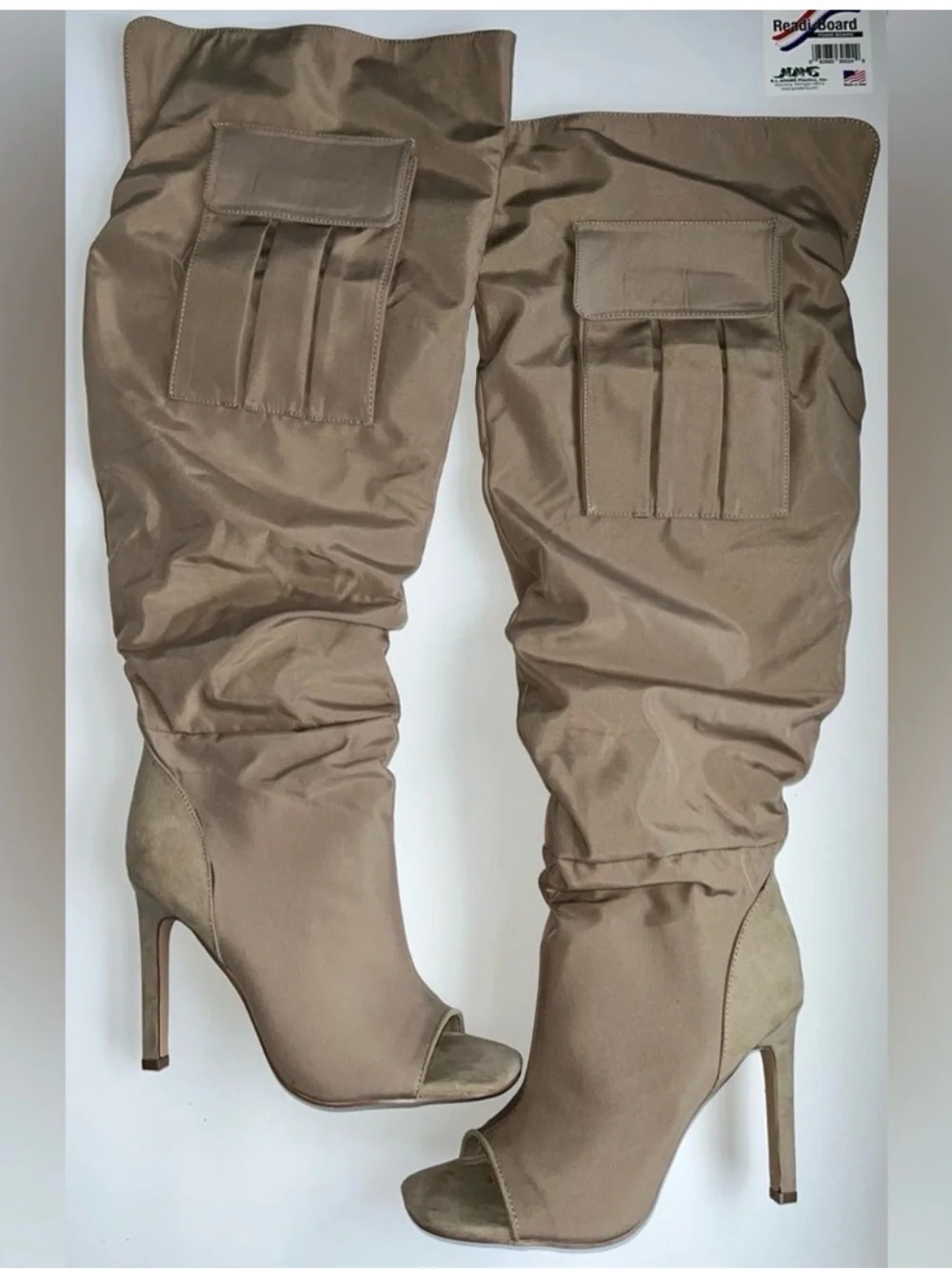 Over-the-Knee Beige Peep-Toe Stiletto Boots with Flap Pocket